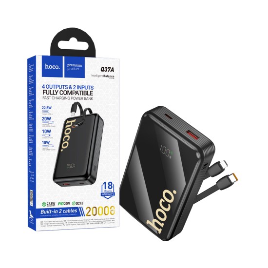 Power Bank Hoco Q37A Graceful con 3-in-1 Porta USB+Cable Tipo-C+Lightning 20000mAh Preto